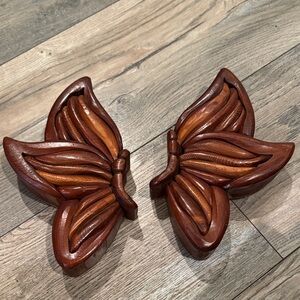 Vintage Hand Carved Intarsia Wooden Set of 2 Butterfly Wall Decor